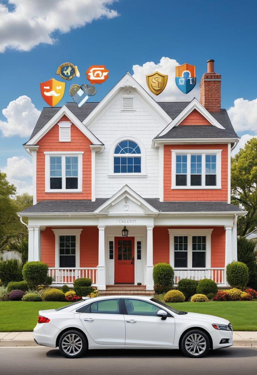 A visually engaging collage featuring a secure car parked in front of a cozy home, surrounded by various insurance symbols like shields, coins, and documents. Include vibrant icons representing coverage options and affordability, with a background of a bright blue sky and fluffy clouds to convey peace of mind. super-realistic. vibrant colors. white background.