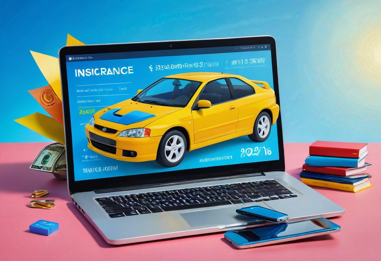 A visually striking scene featuring a laptop displaying various car insurance estimates alongside a vibrant calculator with dollar signs. Surrounding this, a diverse group of happy individuals of different ages and ethnicities discusses their experiences with car insurance under a sunny blue sky. The foreground showcases a modern car gleaming under the sunlight. The background includes subtle icons of savings and financial growth. super-realistic. vibrant colors.
