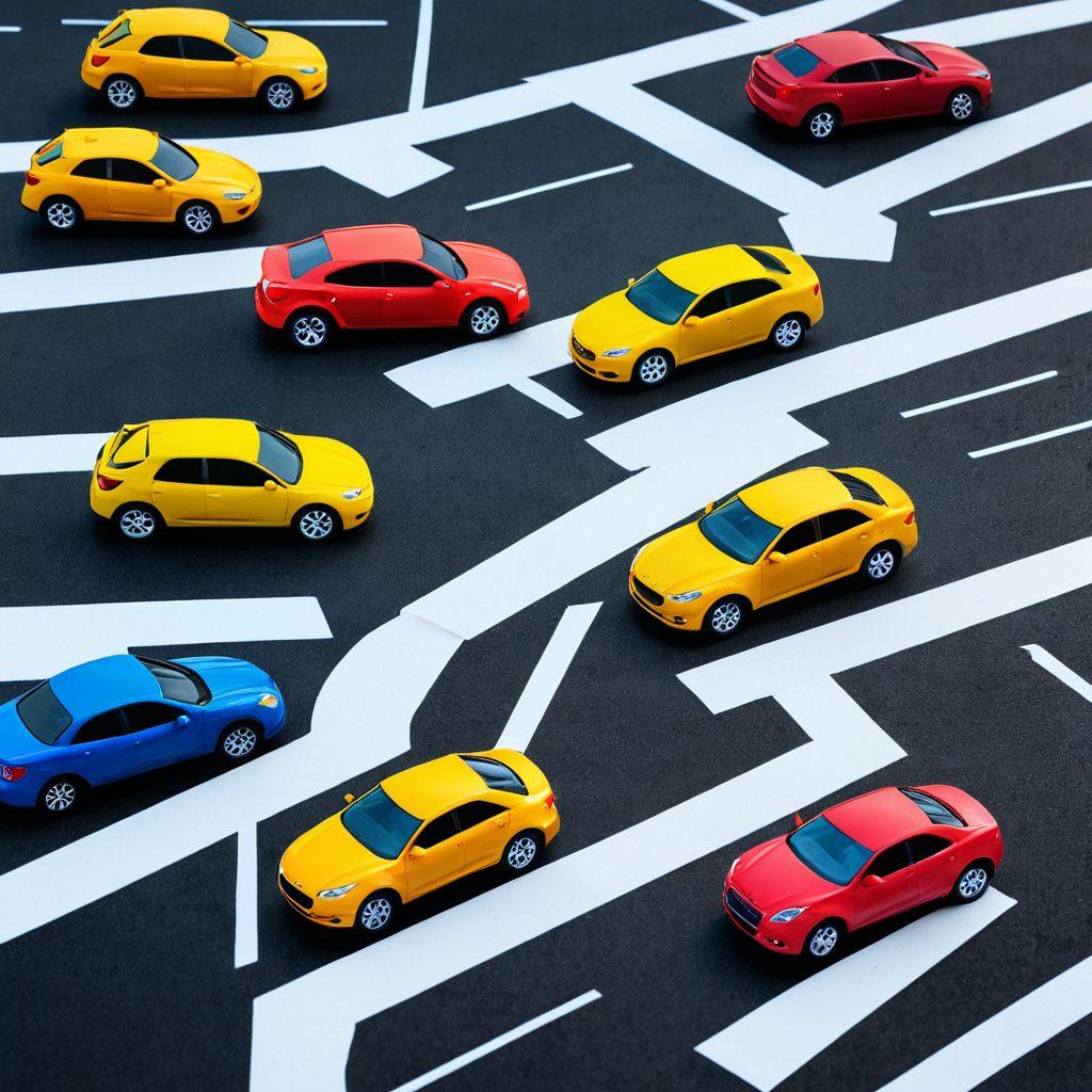 A visually engaging collage of diverse auto insurance symbols, like cars, protection shields, and dollar signs, with a backdrop of a road stretching into the horizon. Include a magnifying glass emphasizing affordability and comprehensive coverage. Use vibrant colors to create an inviting atmosphere, assuring viewers of financial security. super-realistic. vibrant colors. 3D.